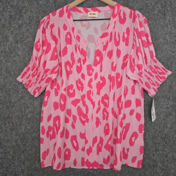 BiBi Tops - BiBi Blouse Womens M Pink Leopard Print Puff Sleeve‎ Smocked V Neck Tunic Top